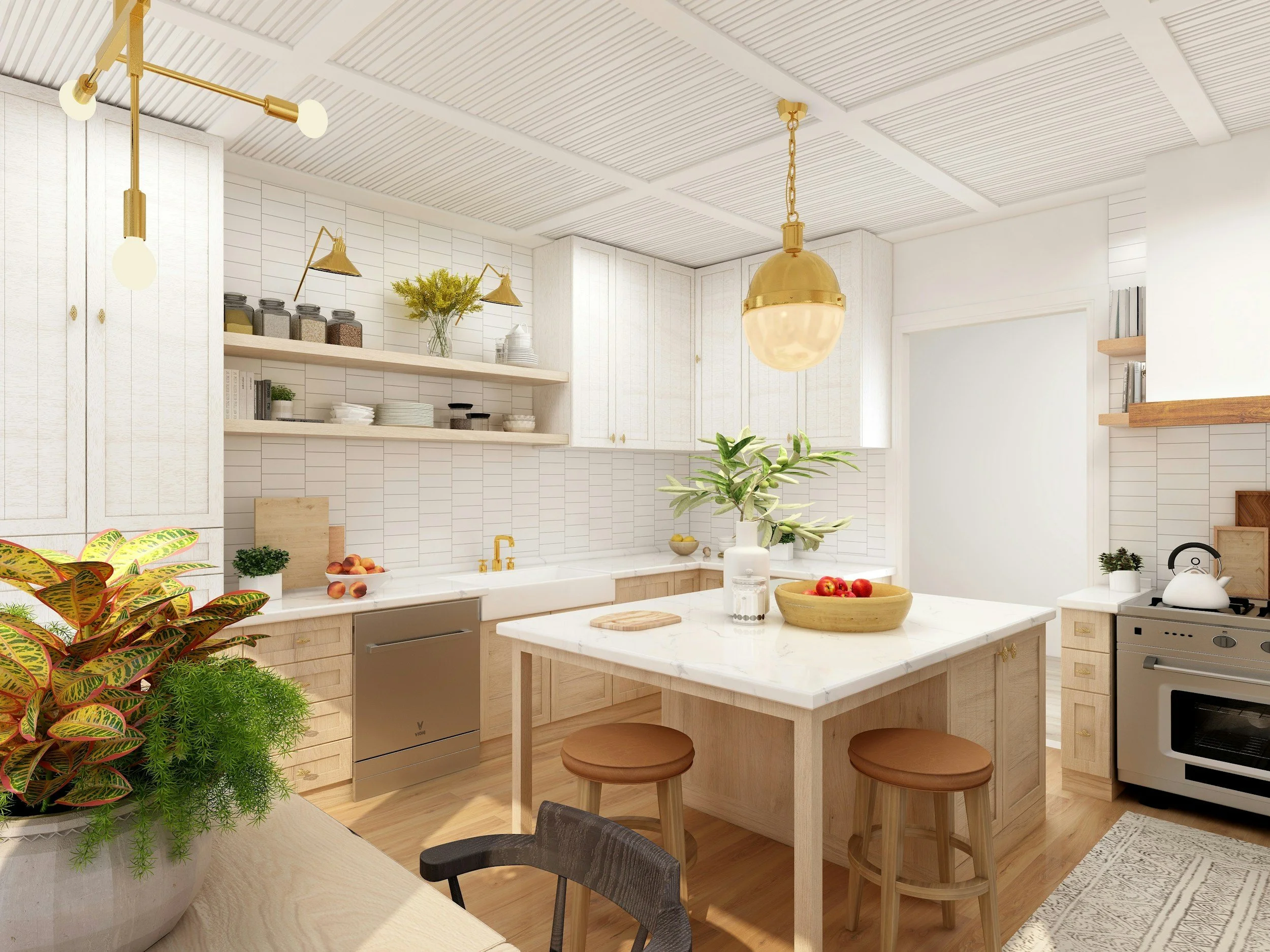 Beautiful modern kitchen with natural wood cabinets, white countertops, and gold fixtures - GPS Remodeling project in Boca Raton